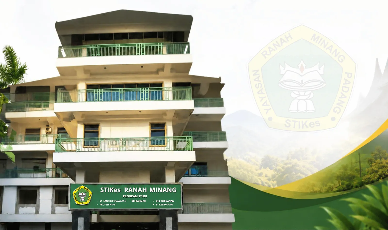 Gedung kampus STIKes Ranah Minang dengan logo Yayasan Ranah Minang Padang