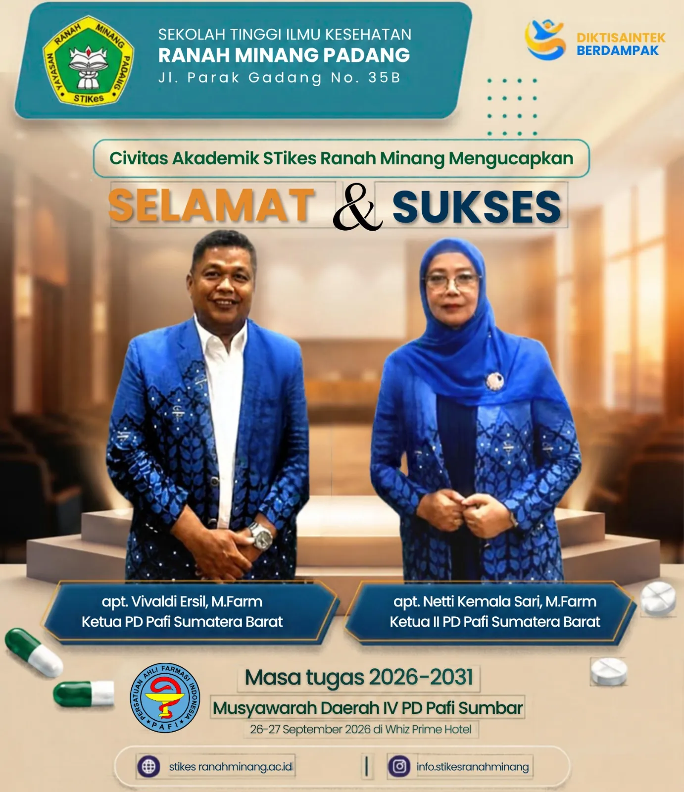 Selamat dan Sukses untuk apt. Vivaldi Ersil dan apt. Netti Kemala Sari, Pengurus PD PAFI Sumatera Barat 2026–2031